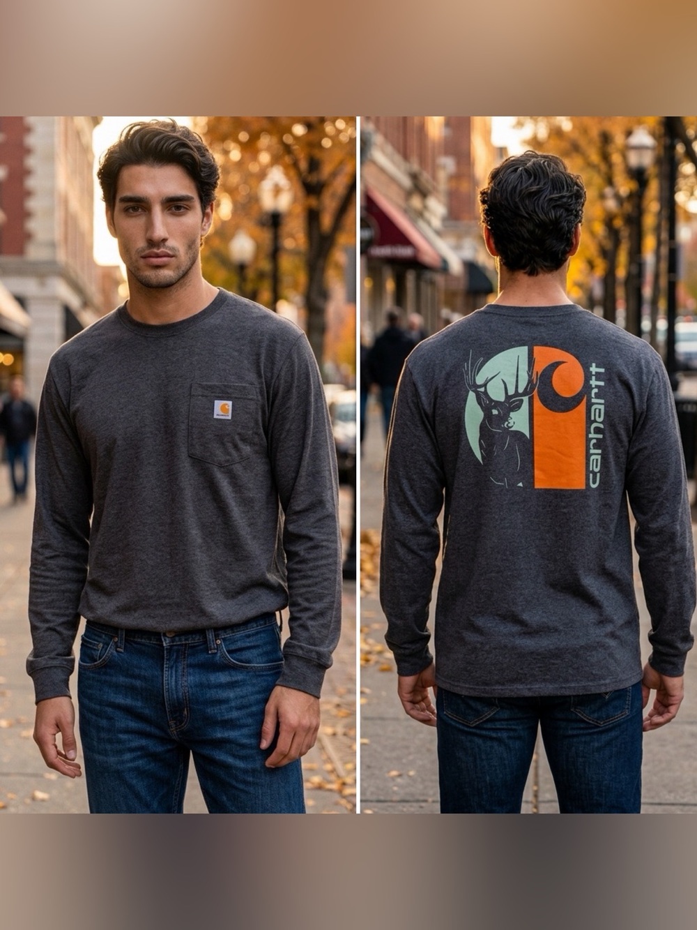 Carhartt Men's Loose Fit Long-Sleeve Heavyweight Pocket Deer Graphic T-Shirt L